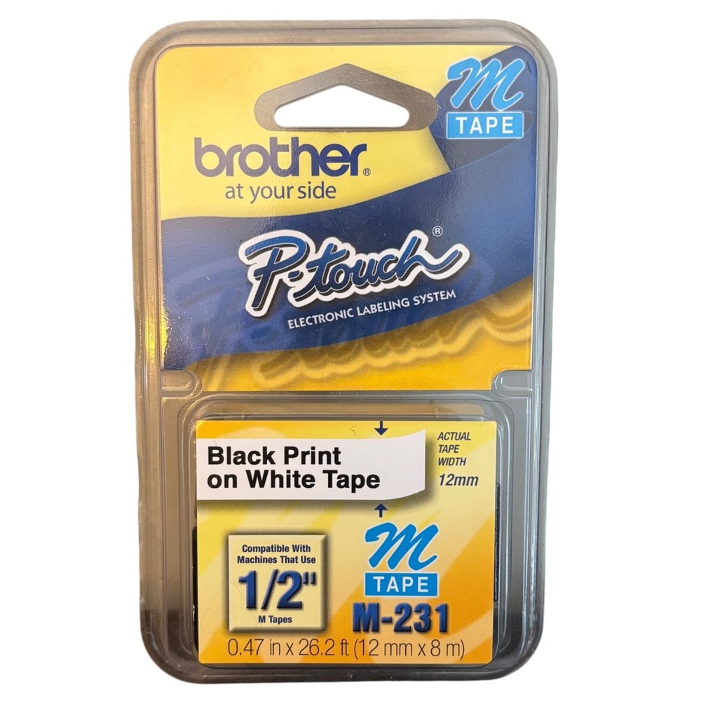 Brother P-Touch M-231 Label Tape | 1/2 Inch 12mm Black on White M Tape | New